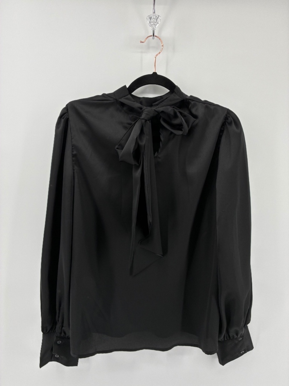 Black Silky Balloon Sleeve Blouse w Neck Tie
